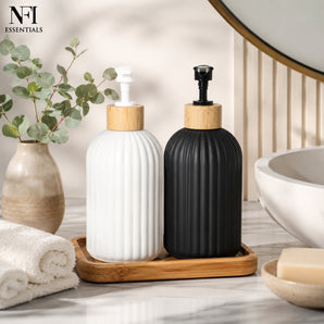 NFI essentials Ceramic Hands & Dishes Liquid Soap Dispenser Set of 2 with Bamboo Tray, Refillable Liquid Body Lotion & Hand Soap Bottles