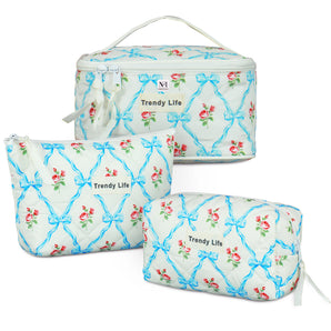 NFI essentials 3 Pcs. Cotton Quilted Makeup Bag for Women, Portable Cosmetic Pouch Set for Girls Travel Toiletry Organizer Bag, Accessories Storage Zipper Bag