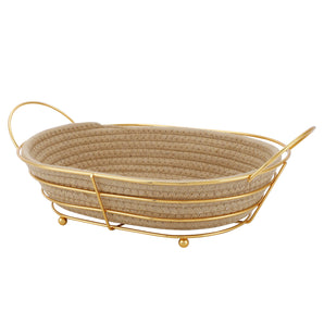 NFI essentials Handcrafted Decorative Fruit Basket with Golden Metal Frame & Woven Jute Base, Serving Bread Basket Elegant Storage Organizer for Home, Kitchen, Dining Table, Decor