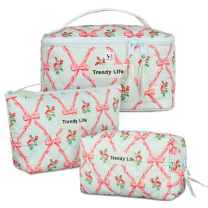 NFI essentials 3 Pcs. Cotton Quilted Makeup Bag for Women, Portable Cosmetic Pouch Set for Girls Travel Toiletry Organizer Bag, Accessories Storage Zipper Bag