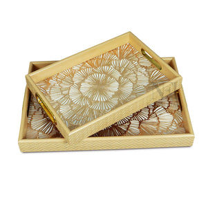 NFI essentials Set of 2 MDF Wooden Tray, Rectangle Enamel Coated Serving Trays for Breakfast, Snacks, (16x11 & 13x9 inch) Dinning Table Decorative Tray for Home & Kitchen