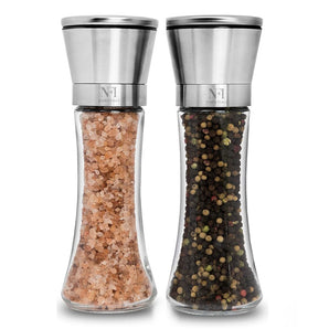 NFI essentials Pack Of 2 Stainless Steel and Refillable Glass Body Pepper Shakers with Pepper Mill and Adjustable Coarseness Black Pepper,Herb With Stainless Steel Cap (Copy)