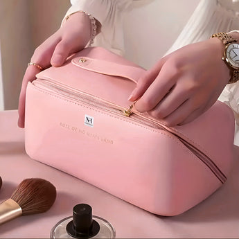 NFI essentials Cosmetic Travel Organizer Bag, Women's Makeup Pouch Toiletry Bag Portable Leather Wide Opening Cosmetics Bag with Handle and Divider - AYAHA ENTERPRISES PRIVATE LIMITED