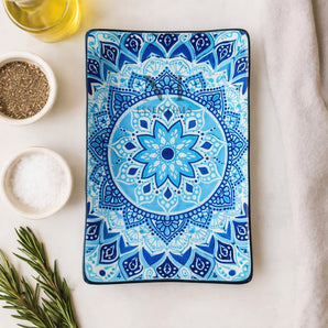 NFI essentials Ceramic Serving Platter with with Handles Blue Mandala Design for Snacks, Appetizers, Salads, and Noodles | Safe for the Microwave and Dishwasher (10.8 inch) (Dark Blue)