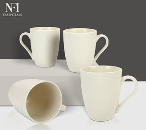 NFI essentials Pack of 4 Ceramic White Coffee Tea Cups Coffee Mugs Microwave Safe Ceramic Tea Cups for Women Men House Warming Gifts New Home Office (250 ML)