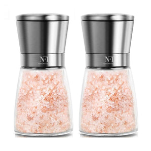 NFI essentials Pack of 2 Stainless Steel and Refillable Glass Body Pepper Shakers with Pepper Mill and Adjustable Coarseness Black Pepper,Herb with Stainless Steel Cap (Copy)