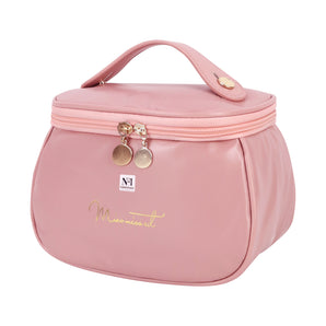 NFI essentials Cosmetic Travel Organizer Bag, Women's Makeup Pouch Toiletry Bag Portable Leather Wide Opening Cosmetics Bag with Handle for Girls