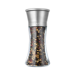 NFI essentials Stainless Steel and Refillable Glass Body Pepper Shakers with Pepper Mill and Adjustable Coarseness Black Pepper,Herb With Stainless Steel Cap