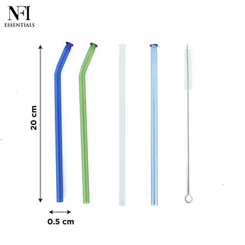 NFI essentials Set of 4 Glass Straws With Cleaning Brush Clear Reusable BPA-Free Drinking Straws for Smoothies, Juices, and Cold Beverages Ideal for Home, Office (Multicolor Pack of 4) - AYAHA ENTERPRISES PRIVATE LIMITED