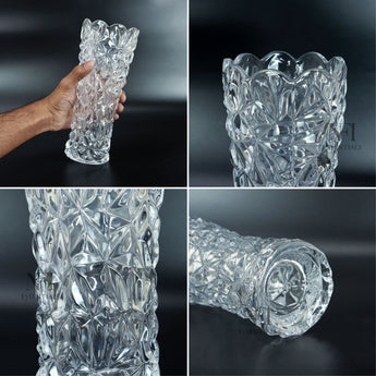 NFI essentials 10 Inches Crystal Clear Glass Vases for Flowers with Embossed Floral Design for Fresh or Artificial Flowers Decorative Centerpiece - AYAHA ENTERPRISES PRIVATE LIMITED