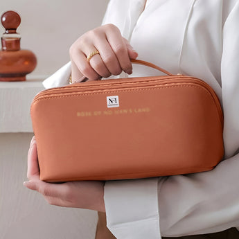 NFI essentials Cosmetic Travel Organizer Bag, Women's Makeup Pouch Toiletry Bag Portable Leather Wide Opening Cosmetics Bag with Handle and Divider - AYAHA ENTERPRISES PRIVATE LIMITED