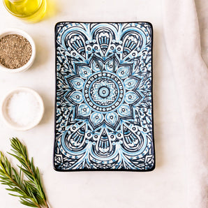 NFI essentials Ceramic Serving Platter with with Handles Blue Mandala Design for Snacks, Appetizers, Salads, and Noodles | Safe for the Microwave and Dishwasher (10.8 inch) (White & Blue)