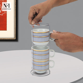 NFI essentials Set of 4 Ceramic Tea Cups With Stand Safe for the Microwave and Dishwasher Stackable Tea Cup  Printed Coffee Mugs for Gifting with Holder 150 ML - AYAHA ENTERPRISES PRIVATE LIMITED
