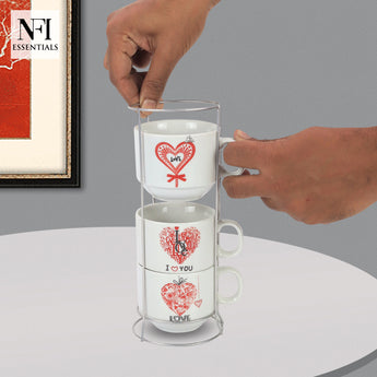 NFI essentials Set of 4 Ceramic Tea Cups With Stand Safe for the Microwave and Dishwasher Stackable Tea Cup  Printed Coffee Mugs for Gifting with Holder 150 ML - AYAHA ENTERPRISES PRIVATE LIMITED