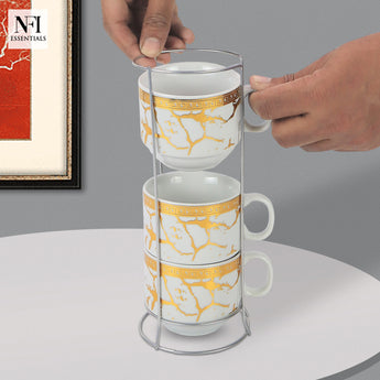 NFI essentials Set of 4 Ceramic Tea Cups With Stand Safe for the Microwave and Dishwasher Stackable Tea Cup  Printed Coffee Mugs for Gifting with Holder 150 ML - AYAHA ENTERPRISES PRIVATE LIMITED