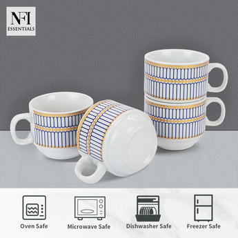 NFI essentials Set of 4 Ceramic Tea Cups With Stand Safe for the Microwave and Dishwasher Stackable Tea Cup  Printed Coffee Mugs for Gifting with Holder 150 ML - AYAHA ENTERPRISES PRIVATE LIMITED