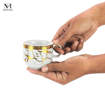 NFI essentials Set of 4 Ceramic Tea Cups With Stand Safe for the Microwave and Dishwasher Stackable Tea Cup  Printed Coffee Mugs for Gifting with Holder 150 ML - AYAHA ENTERPRISES PRIVATE LIMITED