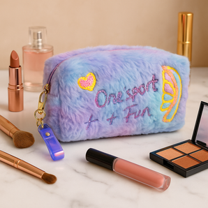 NFI essentials Fur Makeup Cosmetic Pouch Vanity Case Jewellery Pouch for Womens Stationery Pencil Case Travel Organiser Zipper Pouch Bag with Detachable Handle