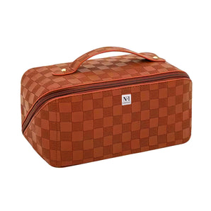 NFI essentials Cosmetic Travel Organizer Bag, Women's Makeup Pouch Toiletry Bag Portable Leather Wide Opening Cosmetics Bag with Handle and Divider