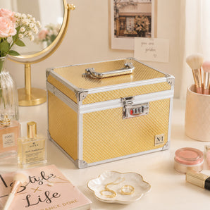 NFI essentials Makeup Vanity Box for Women, Professional Cosmetic Organizer Case with Mirror, Lock & Large Storage Compartment, Portable Bridal Vanity Box for Makeup, Jewelry