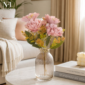 NFI essentials ArtificialQ Daisy Flower Bunch for Home Decoration, Pink Floral Bouquet with Green Leaves, Decorative Faux Flowers for Vase Arrangement, Living Room, Office, Wedding & Festival Decor