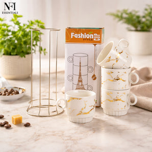 NFI Essentials Ceramic Coffee Mug Set of 4 with Metal Stackable Stand Tea & Coffee Cups with Space-Saving Vertical Storage Elegant Gift for Home & Office