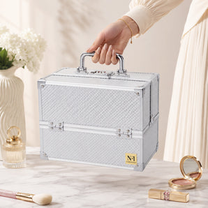 NFI essentials Makeup Vanity Box for Women, Professional Cosmetic Organizer Case with Lock & Multi-Layer Storage Trays, Portable Bridal Vanity Storage Box for Makeup, Jewelry, Skincare