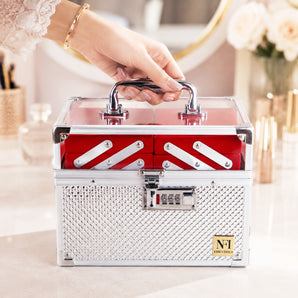 NFI essentials Makeup Organizer Box for Women, Bridal Makeup Case for Jewellery,Cosmetics & Bridal Essentials, with Lock and Multi-Layer Storage Trays Portable Vanity Box