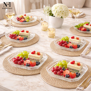 NFI essentials Pack of 6 Small Square Dessert Serving Plate Clear Glass with Embossed Design, Elegant Round Plate for Serving Snacks, Desserts, Fruits, Salad, Gift