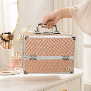 NFI essentials Makeup Vanity Box for Women, Professional Cosmetic Organizer Case with Lock & Multi-Layer Storage Trays, Portable Bridal Vanity Storage Box for Makeup, Jewelry, Skincare