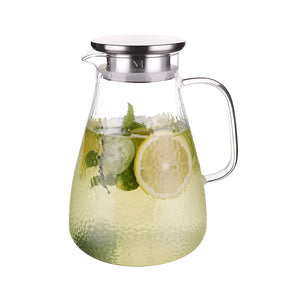 NFI essentials Water Pitcher Hammered Textured Borosilicate Glass Jug with  Air Tight Steel Lid & handle for Serving Water, Juices & Cool Beverages Freezer Safe (1750 ml)