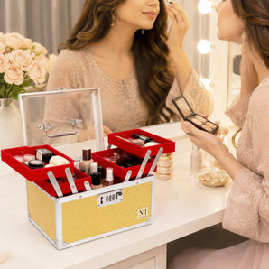 NFI essentials Makeup Organizer Box for Women, Bridal Makeup Case for Jewellery,Cosmetics & Bridal Essentials, with Lock and Multi-Layer Storage Trays Portable Vanity Box