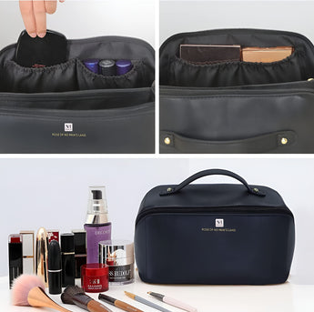 NFI essentials Cosmetic Travel Organizer Bag, Women's Makeup Pouch Toiletry Bag Portable Leather Wide Opening Cosmetics Bag with Handle and Divider - AYAHA ENTERPRISES PRIVATE LIMITED