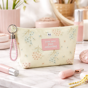 Pastel floral makeup pouch with zipper and wrist strap for women