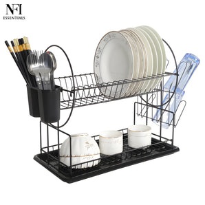NFI essentials 2 Tier Dish Drying Rack for Kitchen Counter with Drainboard, Multifunctional Metal Rack Holder for Cups, Dishes, Knives, Spoons, Forks, Dish Drainer Utensil Holder