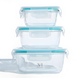 NFI essentials Food Safe Glass Containers Set of 3 With Airtight Lids Leak-Proof, Microwave, Freezer & Dishwasher Safe Borosilicate Meal Prep for Fresh, Healthy Food Storage (800ml, 520ml & 390ml)