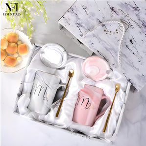 NFI essentials Set of 2 Mr & Mrs Ceramic Marble finish Coffee Mug Set with Lids and Golden Spoons Perfect Couple Gift for Anniversary, Wedding, Engagement Tea & Coffee Lovers (350 ml)