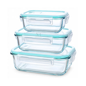 NFI essentials Food Safe Glass Containers Set of 3 With Airtight Lids Leak-Proof, Microwave, Freezer & Dishwasher Safe Borosilicate Meal Prep for Fresh, Healthy Food Storage 1040ml, 640ml & 370ml