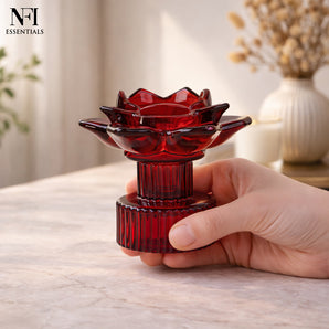 NFI essentials Tealight Lotus Flower Candle Holder with Clear Pedestal Base Artistic Centerpiece for Home Décor, Meditation, Special Occasions, and Festive Lighting
