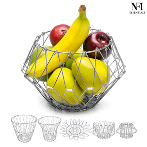 NFI essentials Fruit Basket Stainless Steel Multipurpose Folding Vegetable Bowl Basket for Kitchen, Home, Dining Table, 8 Shapes Modern Flexible Wire deformable Bowl for Home Decor