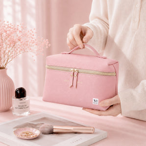 NFI essentials Makeup Vanity Organizer Pouc for Women, Large Cosmetic Travel Case with Top Handle & Zipper Closure