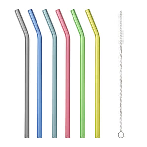 NFI essentials Set of 6 Glass Straws With Cleaning Brush Clear Reusable BPA-Free Drinking Straws for Smoothies, Juices, and Cold Beverages Ideal for Home, Office.