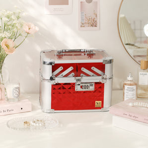 NFI essentials Makeup Organizer Box for Women, Bridal Makeup Case for Jewellery,Cosmetics & Bridal Essentials, with Lock and Multi-Layer Storage Trays Portable Vanity Box