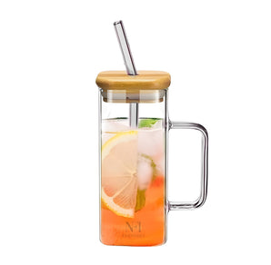 NFI essentials Drinking Glass Tumbler Sipper with Bamboo Lid and Reusable Glass Straw With Handle For Mojito, Milkshakes, Juices, Smoothies, Iced Coffee & Iced Tea 350ml