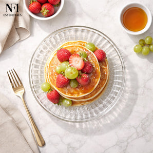 NFI essentials Small Round Dessert Serving Plate Clear Glass with Embossed Design, Elegant Round Plate for Serving Snacks, Desserts, Fruits, Salad, Gift