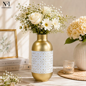 NFI essentials Metal Flower Vase for Living Room, Office & Home Decor (Gold & White)