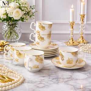 NFI Essentials Ceramic Cup & Saucer Set of 6 Pcs, Tea/Coffee Cup , Microwave & Dishwasher Safe, Premium Mug Perfect for Daily Use, Office, Gifting