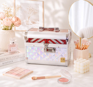 NFI essentials Makeup Organizer Box for Women, Bridal Makeup Case for Jewellery,Cosmetics & Bridal Essentials, with Lock and Multi-Layer Storage Trays Portable Vanity Box
