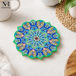 NFI essentials Ceramic Round Shape Table Trivet Coaster with Cork Base Perfect for Hot Dishes, Bowl, Teapots Premium Hot Coaster Heat-Resistant & Stylish (16 Cm)