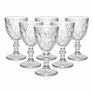 NFI essentials Set of 6 Embossed Crystal Clear Glass Goblet Elegant Stemmed Drinking Glass for Water, Juice, Mocktails & Cocktails for Home, Hotel & Party Use
